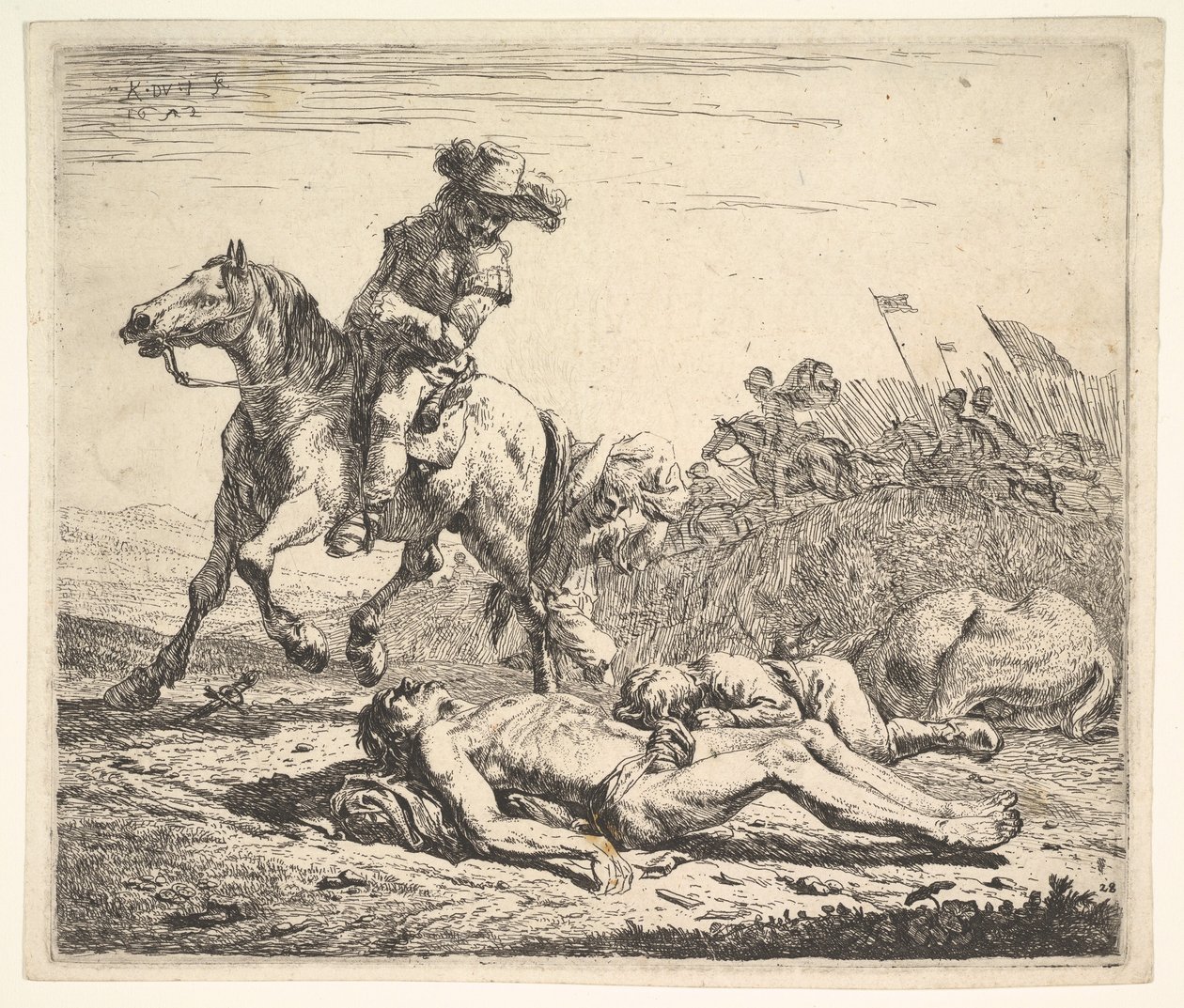 Slagmark med rytter, der kigger over sin venstre skulder mod afklædt lig på gro..., 1652. af Karel Du Jardin