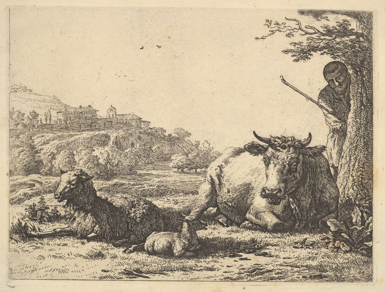 Ko, voksne får og unge får, der ligger i græsset, bagved står en hyrde delvist ..., 1656. af Karel Du Jardin