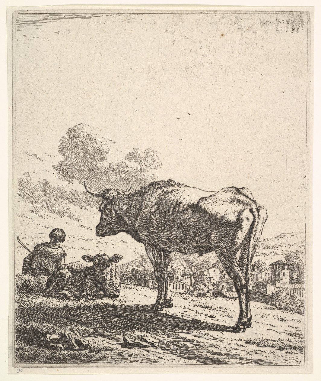 Kohyrde med ko og kalv på en bjergskråning, kohyrden set bagfra og siddende i ..., 1658. af Karel Du Jardin