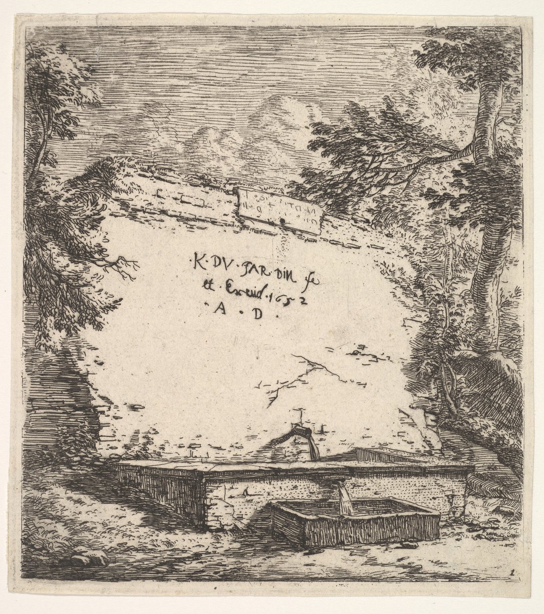 Frontispice med trappefontæne, en stenmur med vandtud, der hælder vand i en rec..., 1652. af Karel Du Jardin