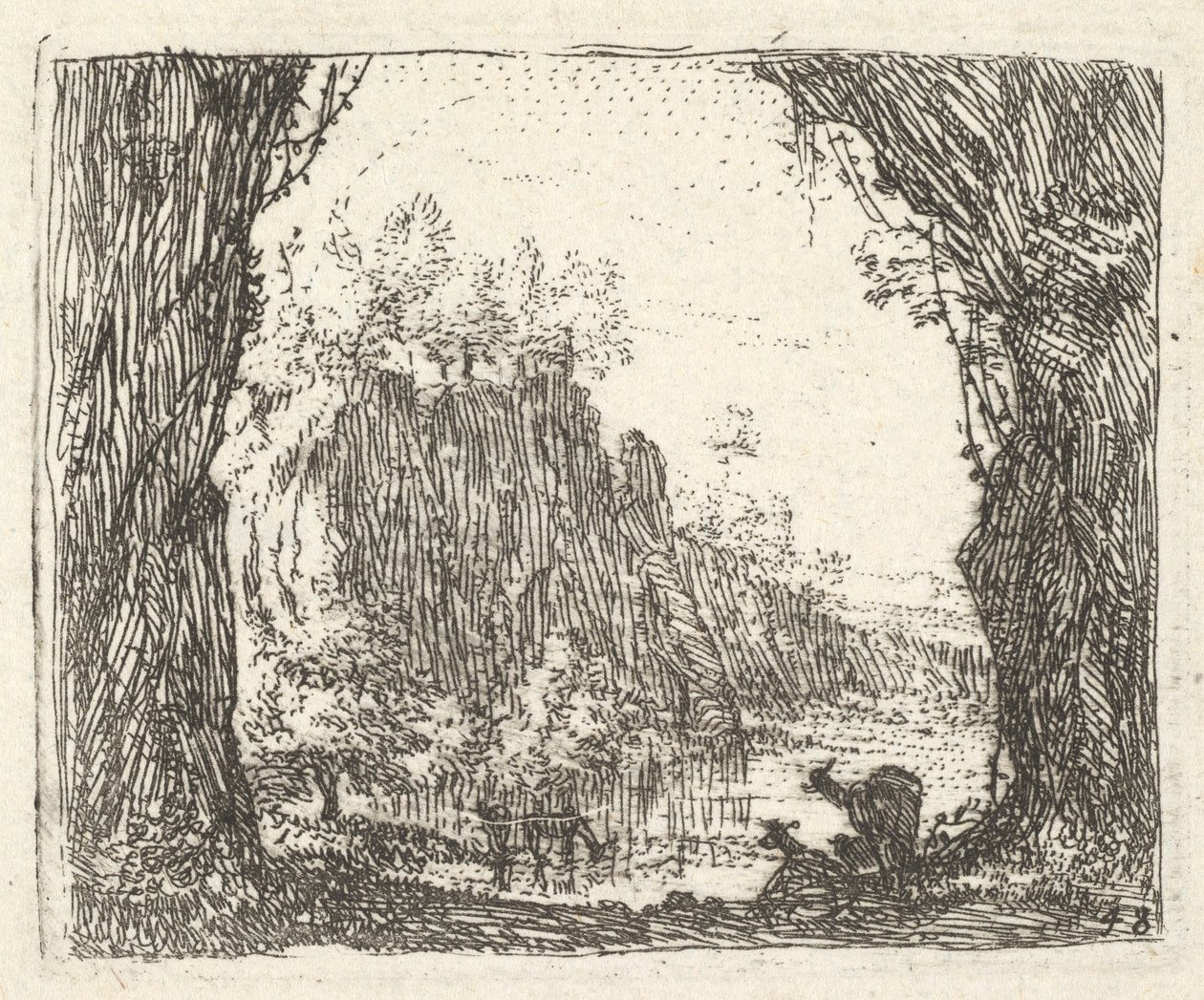 Landskab flankeret af træer i venstre og højre forgrund, silhuetter af to goa..., ca. 1641-78. af Karel Du Jardin