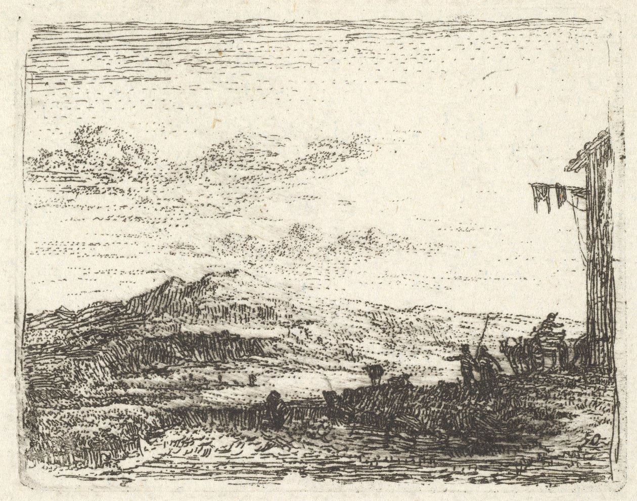 Landskab med hjørne af bygning og markise yderst til højre, to figurer og en hest-..., ca. 1641-78. af Karel Du Jardin