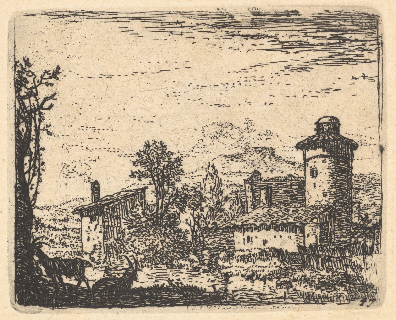 Landskab med to hornede geder i skygge i venstre forgrund, landsbybygninger bey..., ca. 1641-78. af Karel Du Jardin