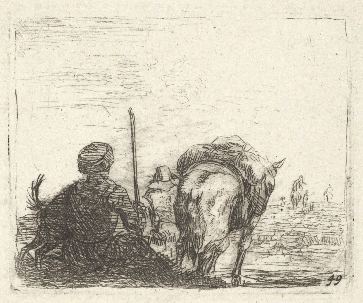 Pakhest, siddende mand med stav i højre hånd og hund, alt set bagfra..., ca. 1641-78. af Karel Du Jardin