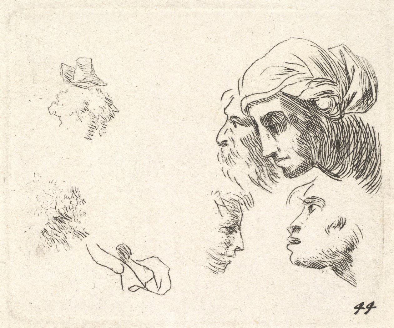 Studie af hoveder i profilvisning, en kvinde med hovedklæde og skægget mand, hvis hoveder ..., ca. 1641-78. af Karel Du Jardin