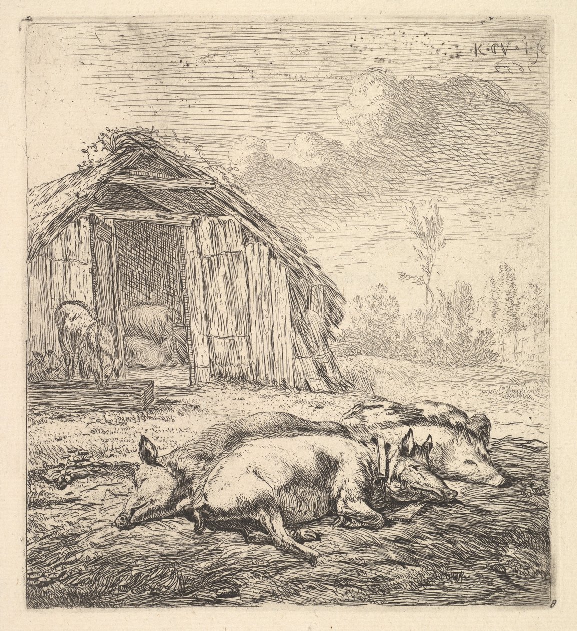 Tre grise liggende på siden, en svinestald og trug bagved, 1652. af Karel Du Jardin