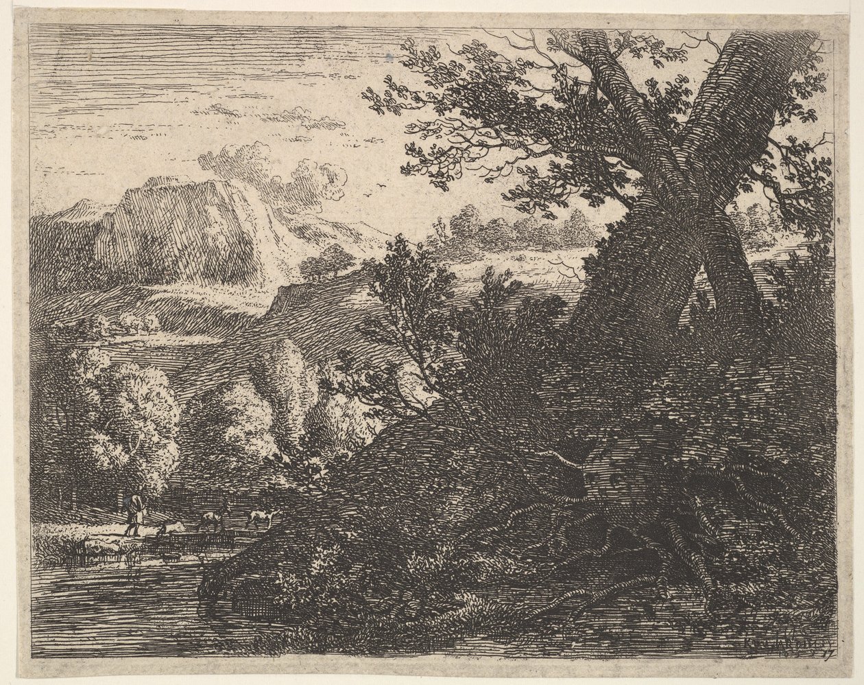 Træ med rødder blotlagt langs en å, et bakket landskab og en mand, der går bag q..., 1659. af Karel Du Jardin
