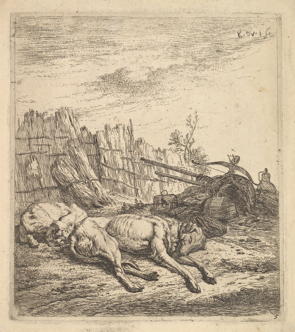 To hunde, der sover på jorden, en plov, landbrugsudstyr, halmklaser og en ..., ca. 1641-78. af Karel Du Jardin