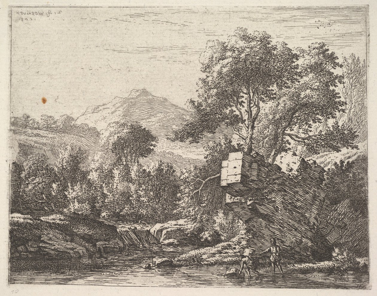 To mænd, der står ankeldybt i en vandmasse med et klippefremspring bag sig, til le..., 1658. af Karel Du Jardin