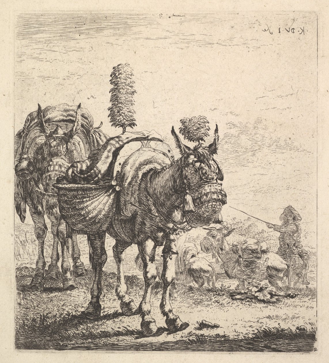 To muldyr, der bærer tasker og udstyret med skyklapper, faner og kvaster, en mu..., ca. 1641-78. af Karel Du Jardin