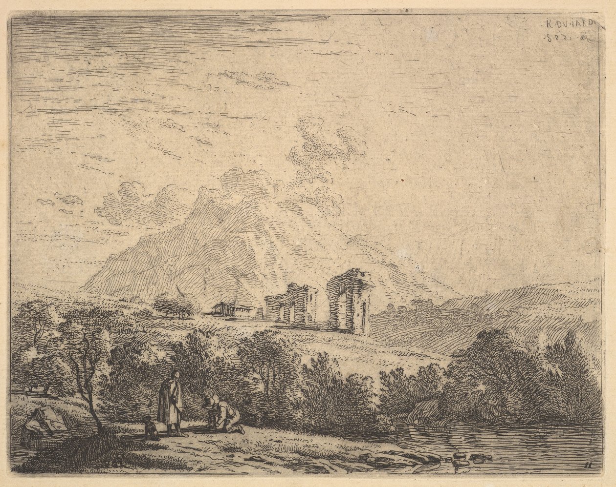 Udsigt over bjergskråning med ruiner, en akvædukt og bjergskrænt bagved, i forgrunden en m..., 1658. af Karel Du Jardin