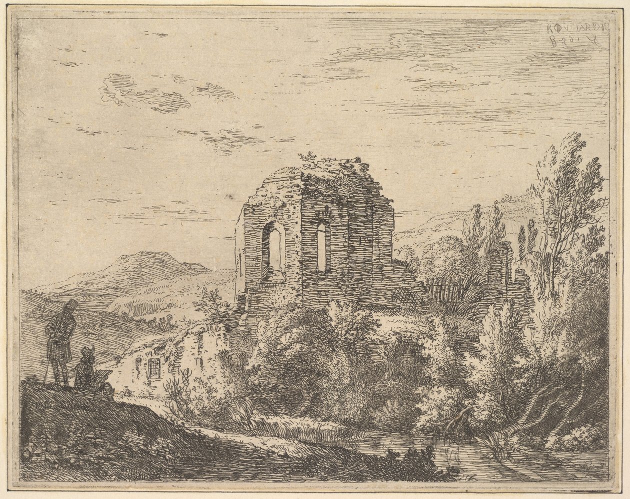 Udsigt over ruiner, der viser hjørnet af en bygning med to buede vinduer, i et landskab med..., 1658. af Karel Du Jardin