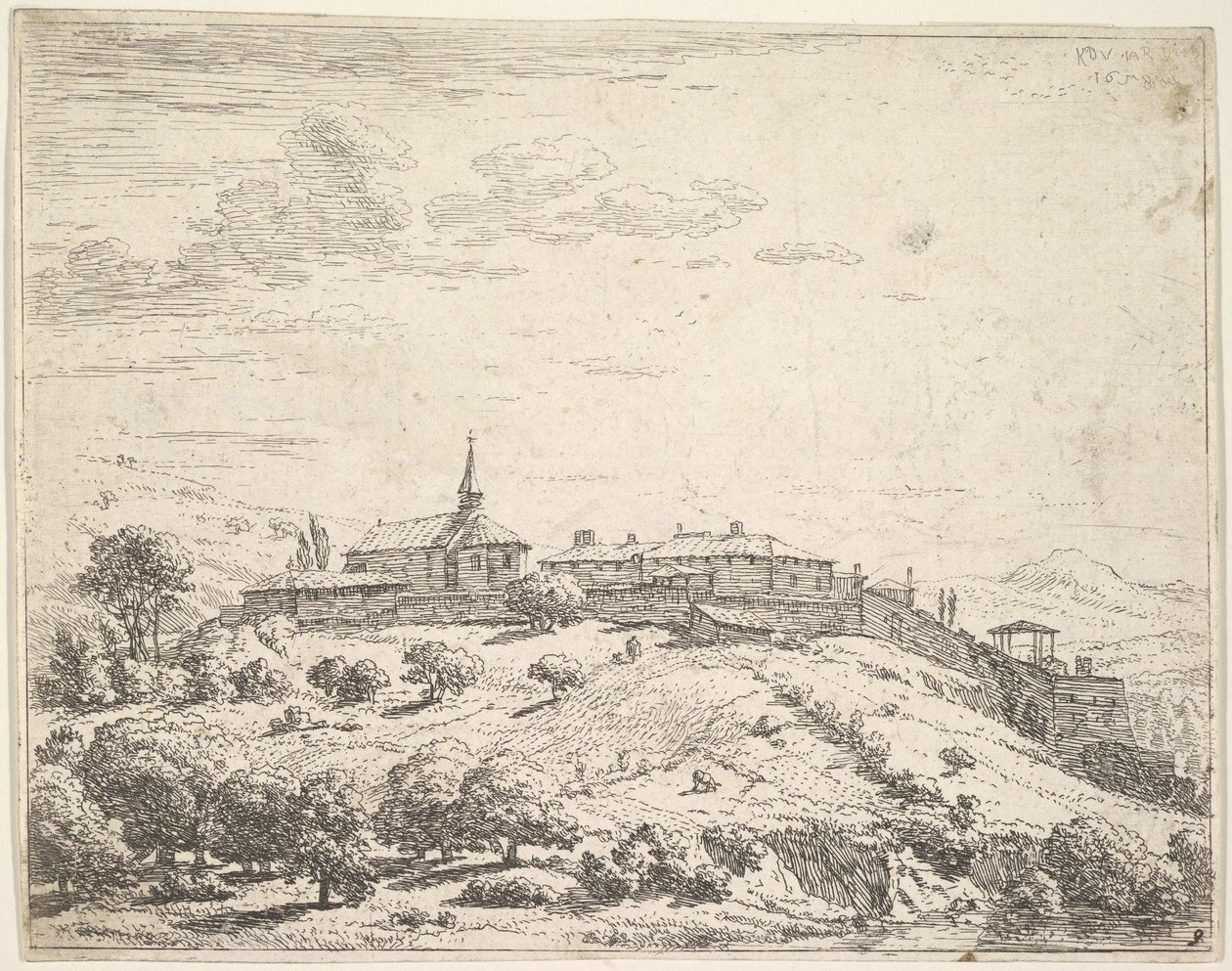 Bymuret landsby på en bakke med kirke til venstre og bygninger opført på skråningen a..., 1658. af Karel Du Jardin