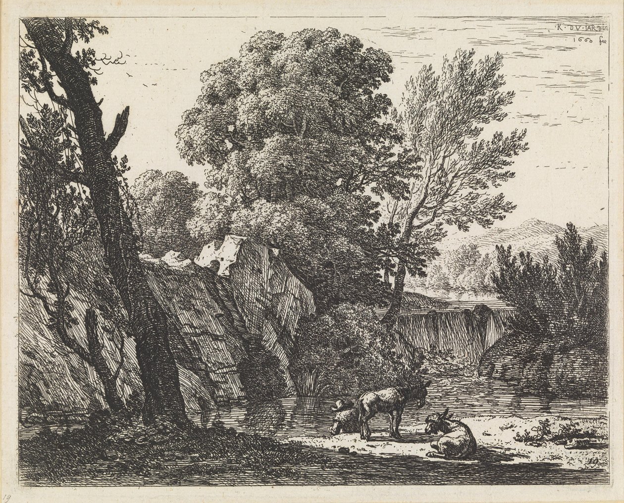 Landskab med en mand og to æsler af Karel Dujardin