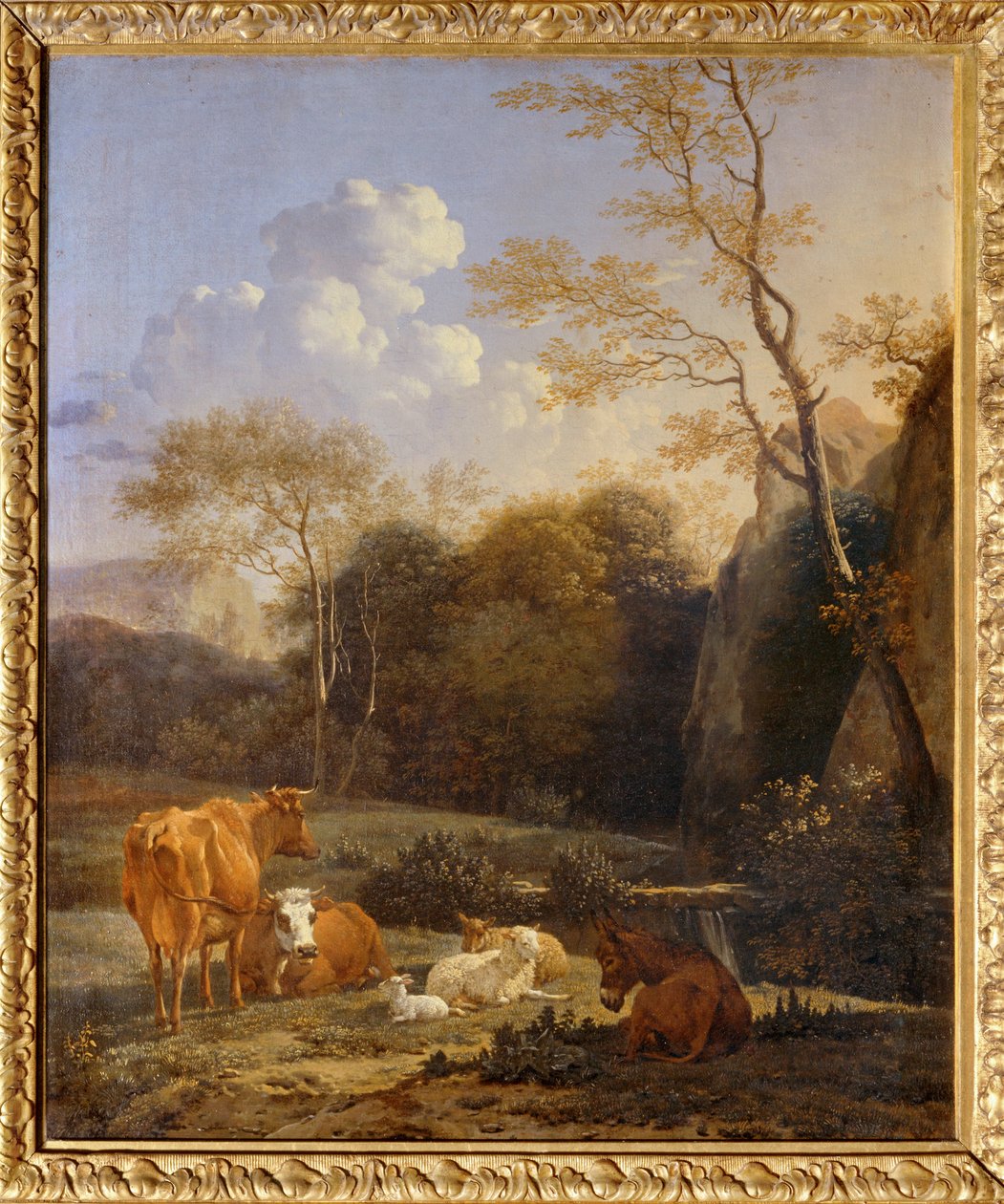 Le bocage, Køer, æsler og får ved et vandløb ... af Karel Dujardin