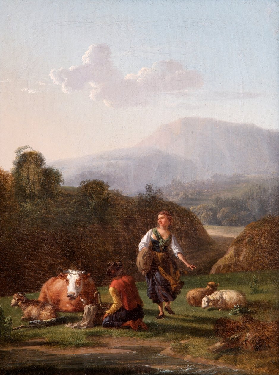 The River Bank: Landskab med figurer og kvæg (olie på lærred) af Karel Dujardin
