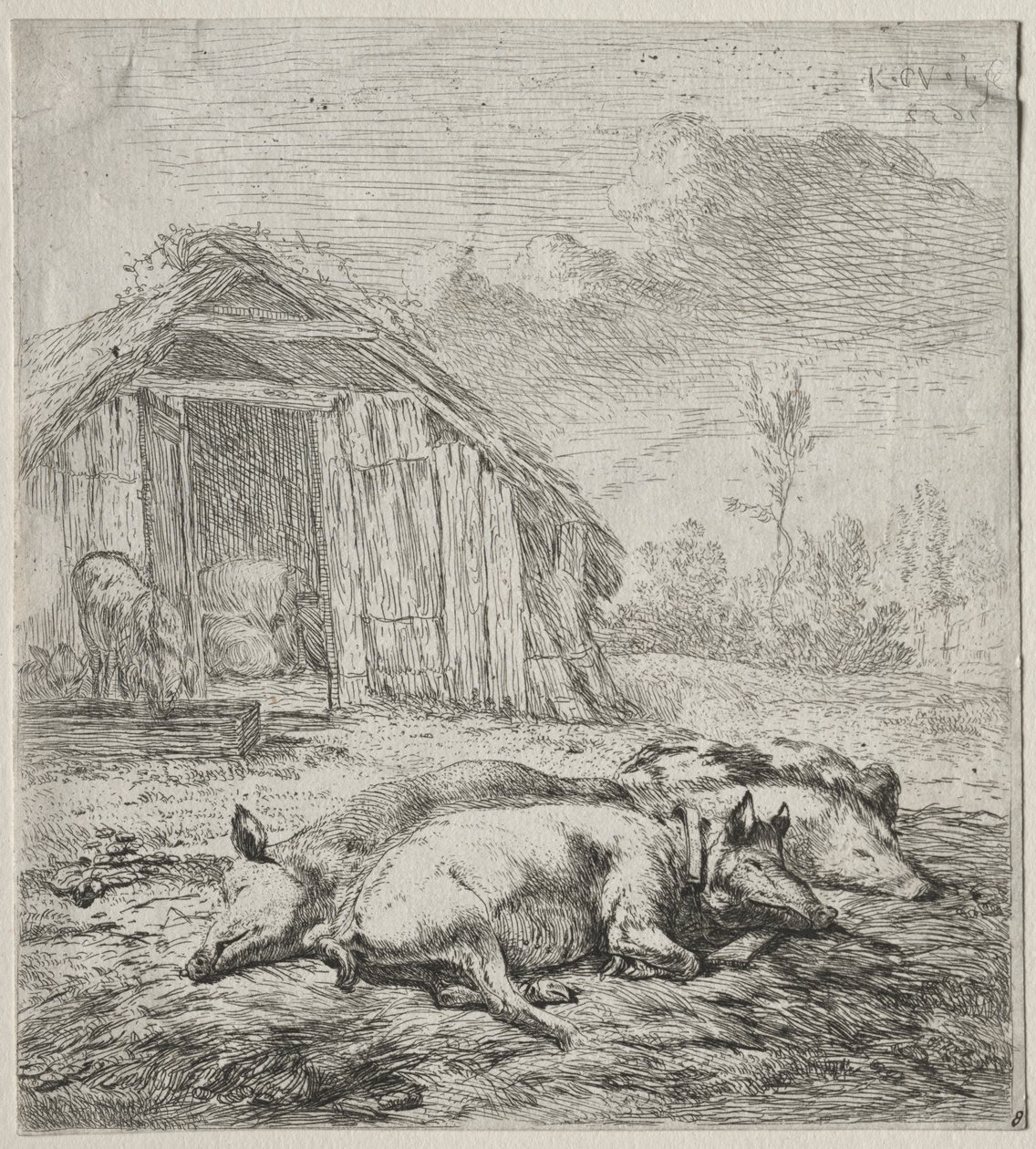 Tre svin, der ligger foran en stald. af Karel Dujardin