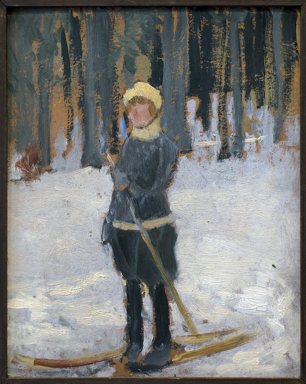 Kvinde på ski i skoven. Kunstværk af Karel Spillar (1871-1939), olie på pap af Karel Spillar