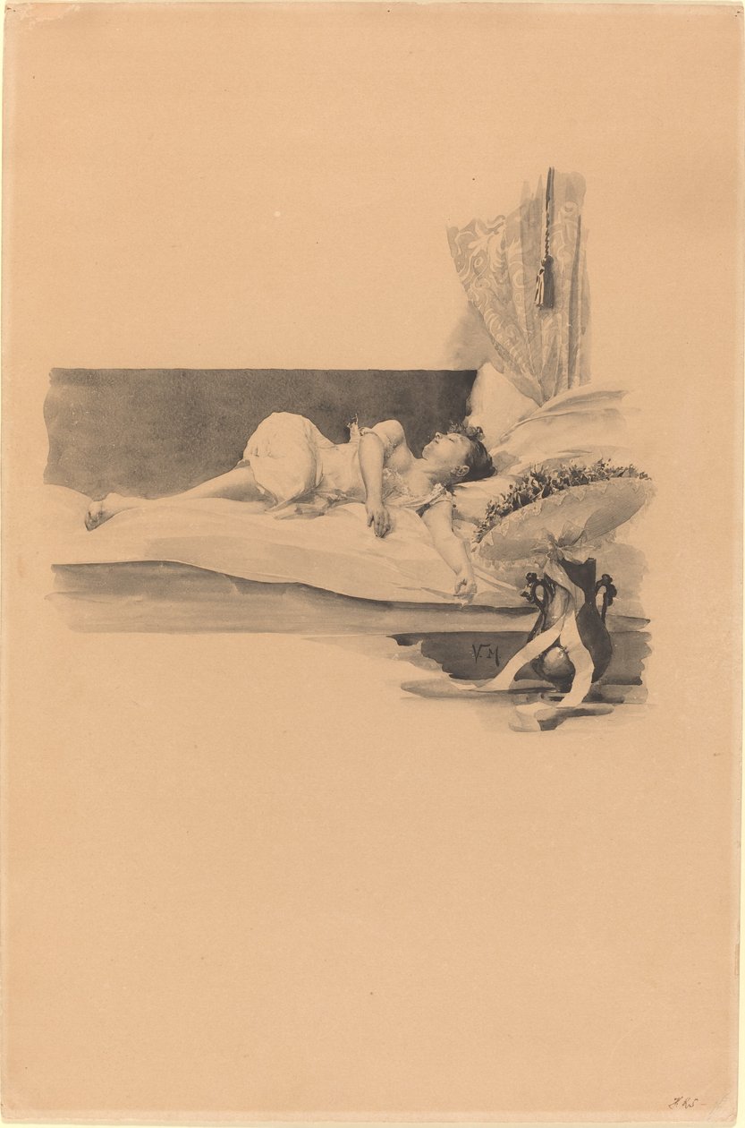 Illustration til "Jestrab Kontra Hrdlicka, XXII" (Pige sover på en seng) af Karel Vitezslav Masek