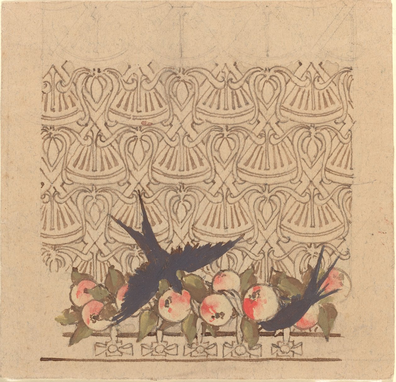 Ornamental design med to fugle, der hakker i frugt af Karel Vitezslav Masek