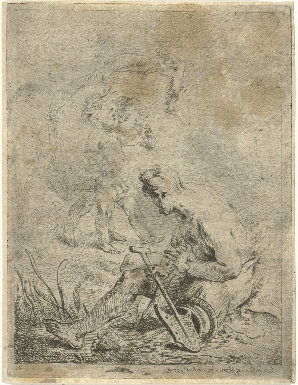 Flodgud ser på to putti af Karel Ykens (II)