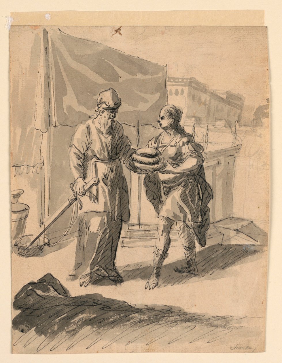 Tegning, Figur præsenterer brød for en general, ca. 1650 af Karel Škréta