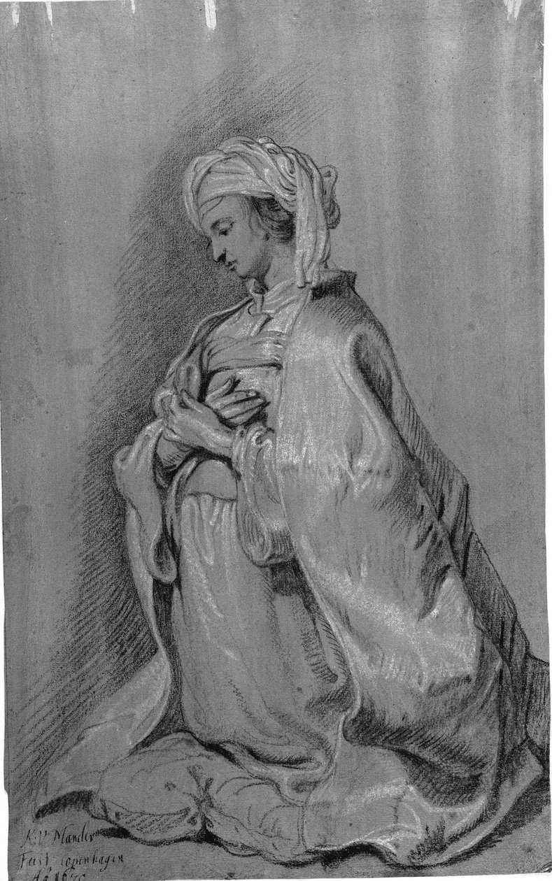 Knælende figur på en pude med turban. Vendt mod venstre. Hændene foldet over brystet. af Karel van III Mander