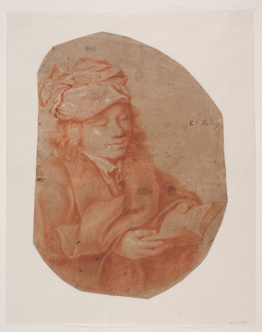 Læsende ung mand med et tørklæde svøbt om hovedet. af Karel van III Mander