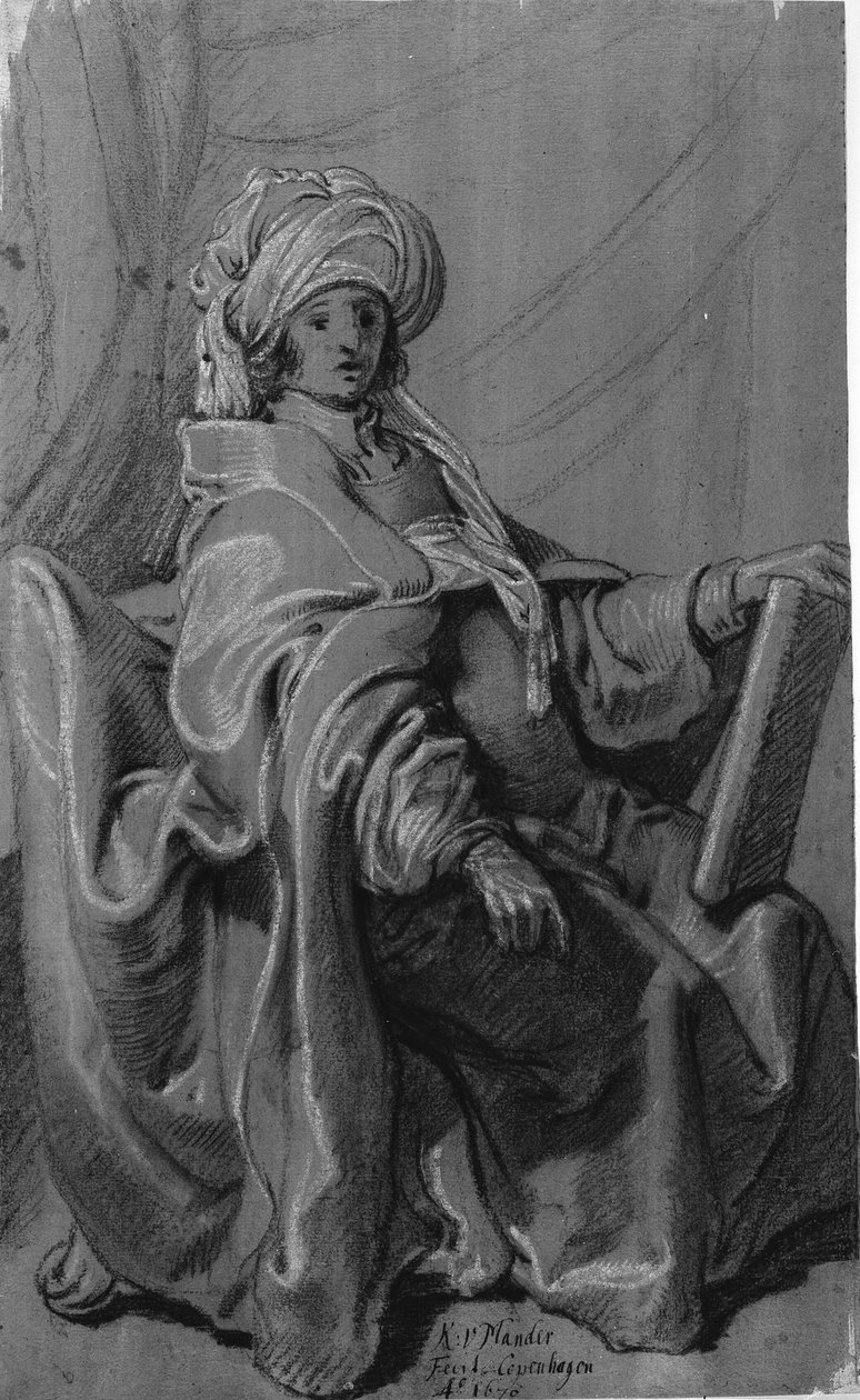 Siddende figur i kappe og turban, holdende en bog. Vendt mod højre. af Karel van III Mander