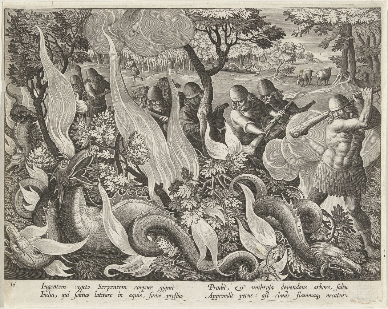 Jacht op waterslangen i Indien Jachttaferelen (serietitel) Jagten på vildt, fugle og fisk i Bestiary (serietitel) af Karel van Mallery