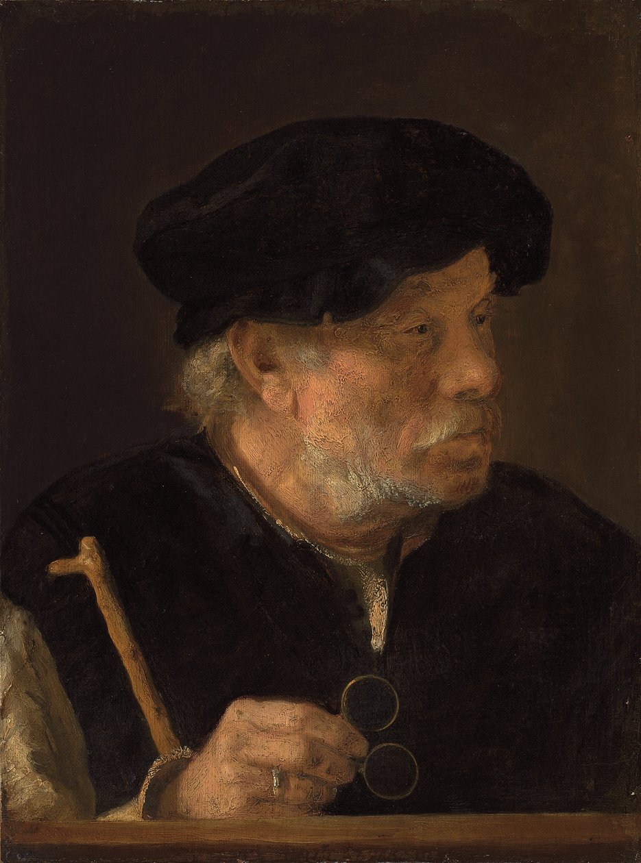 En mand, lang buste, holder en stok og sine briller ved en trækant af Karel van der Pluym