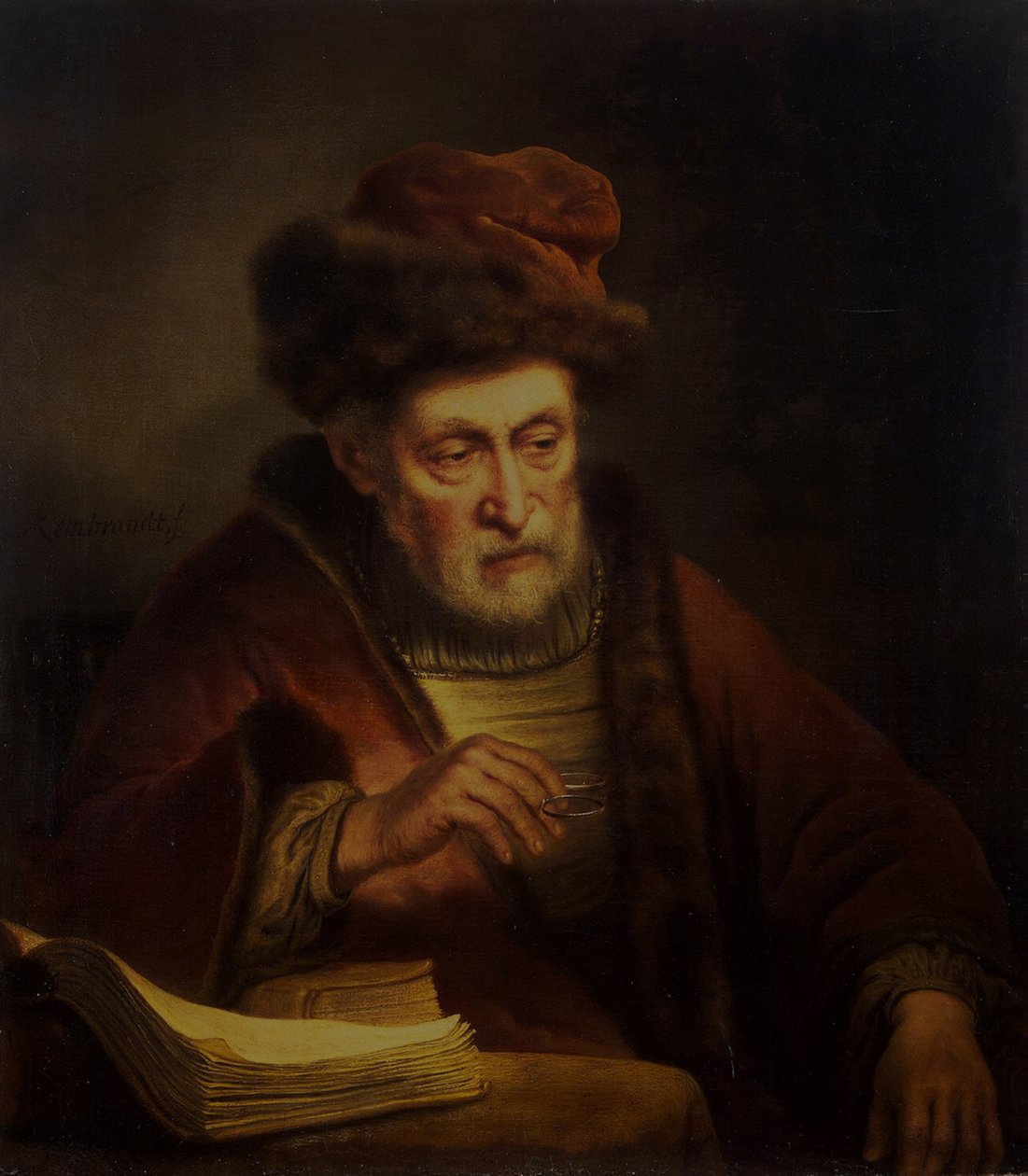 Gammel mand med et par briller af Karel van der Pluym