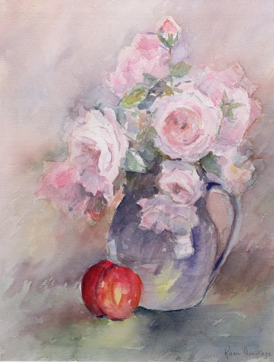 Pink Roses in a Blue Jug, 1994 (wc) af Karen Armitage