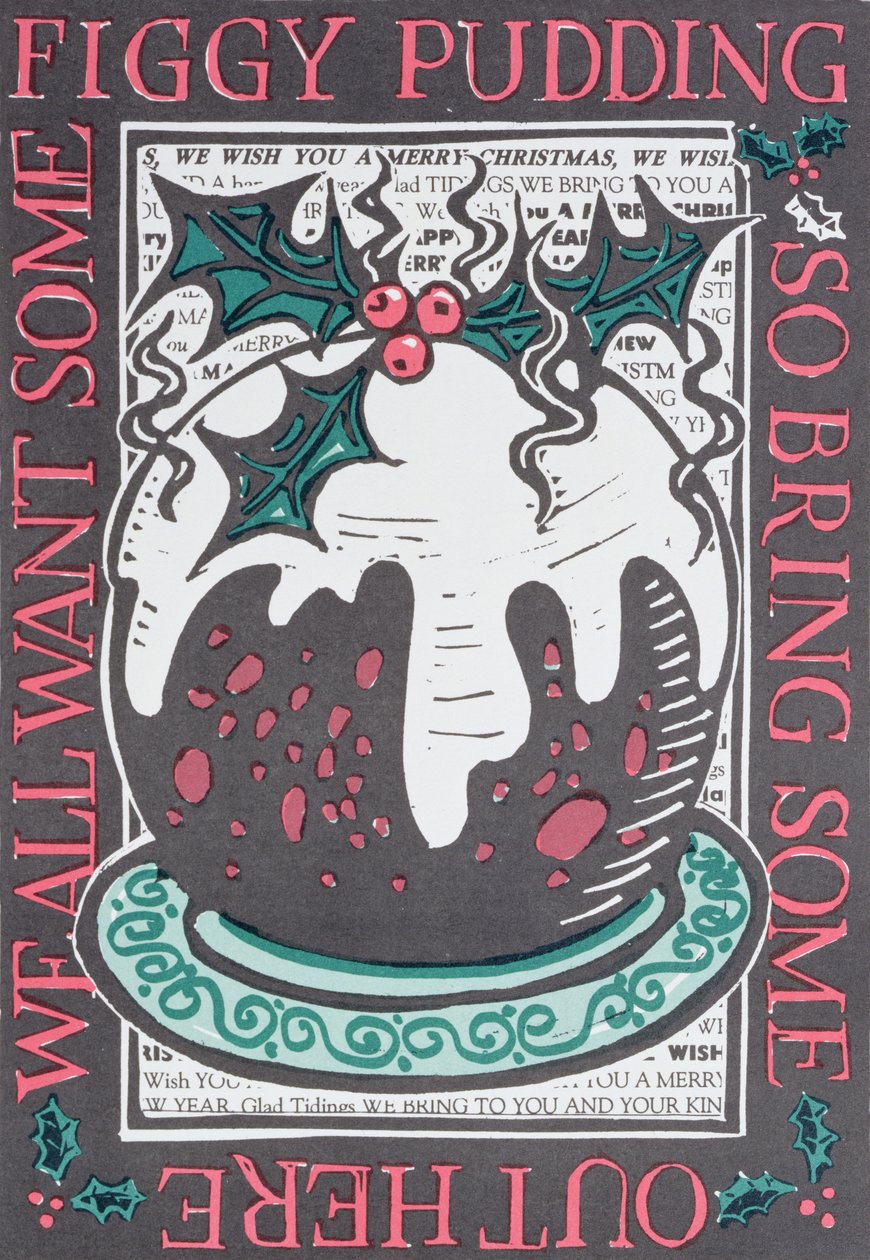 Figgy Pudding, 1998 (linosnit på papir) af Karen Cater