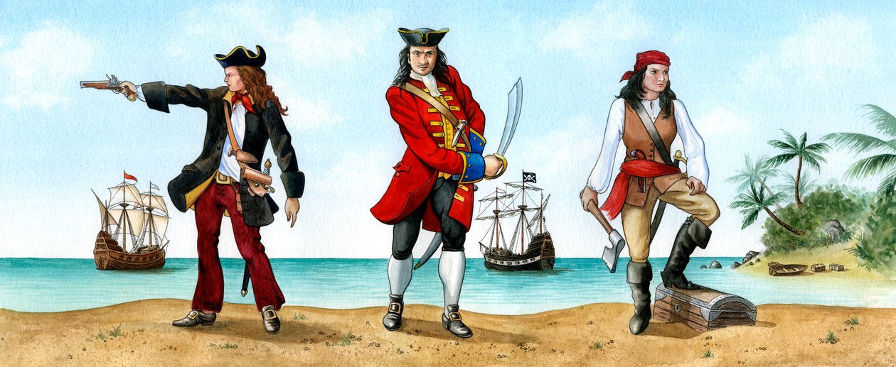 Anne Bonny, John Calico Jack Rackam og Mary Read, 18th Century Pirates. af Karen Humpage