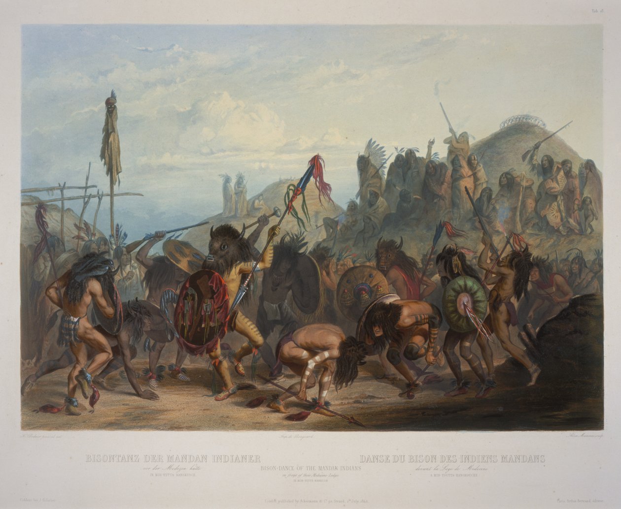 Mandan-indianernes bisondans foran deres medicinhytte. af Karl Bodmer