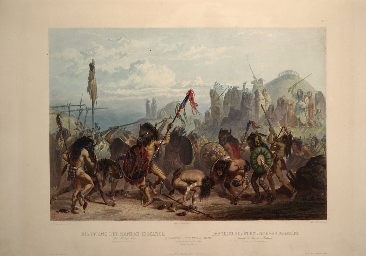 Bisondans af mandanindianerne foran deres medicinhytte af Karl Bodmer