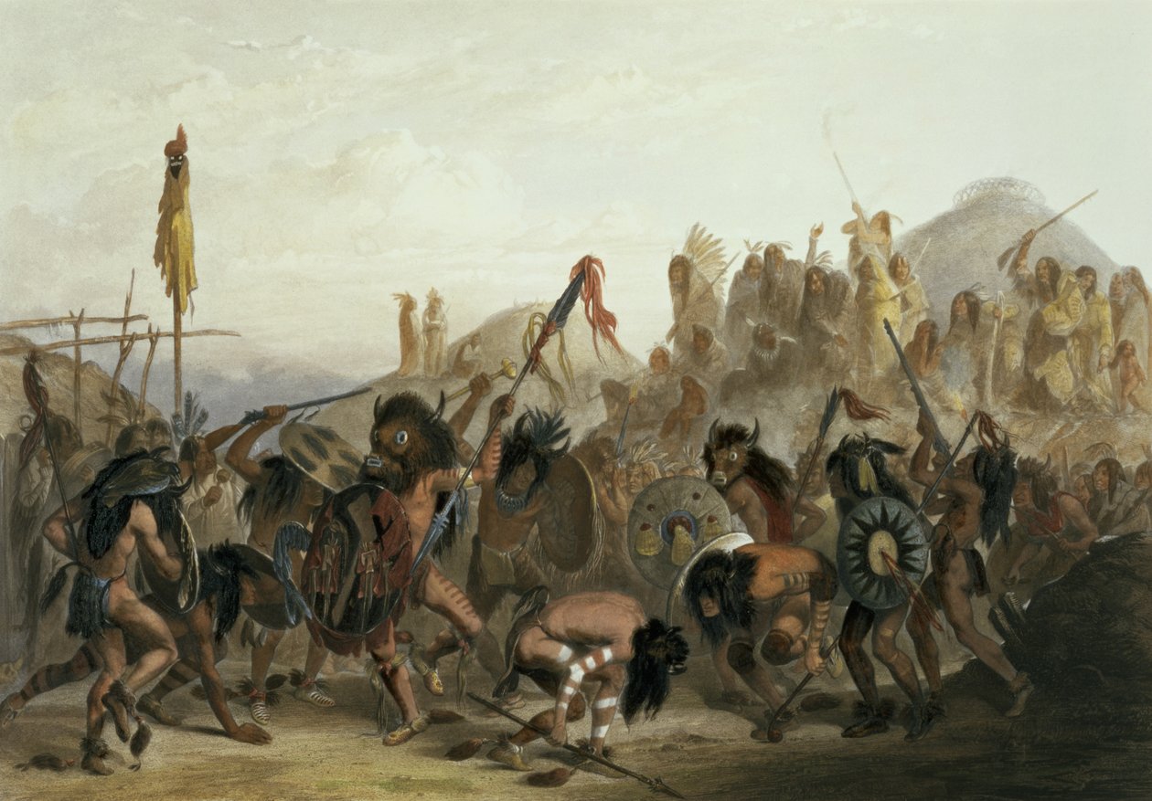 Bison-Dance of the Mandan Indians foran deres Medicine Lodge i Mih-Tutta-Hankush, plade 18 fra bind 2 af 