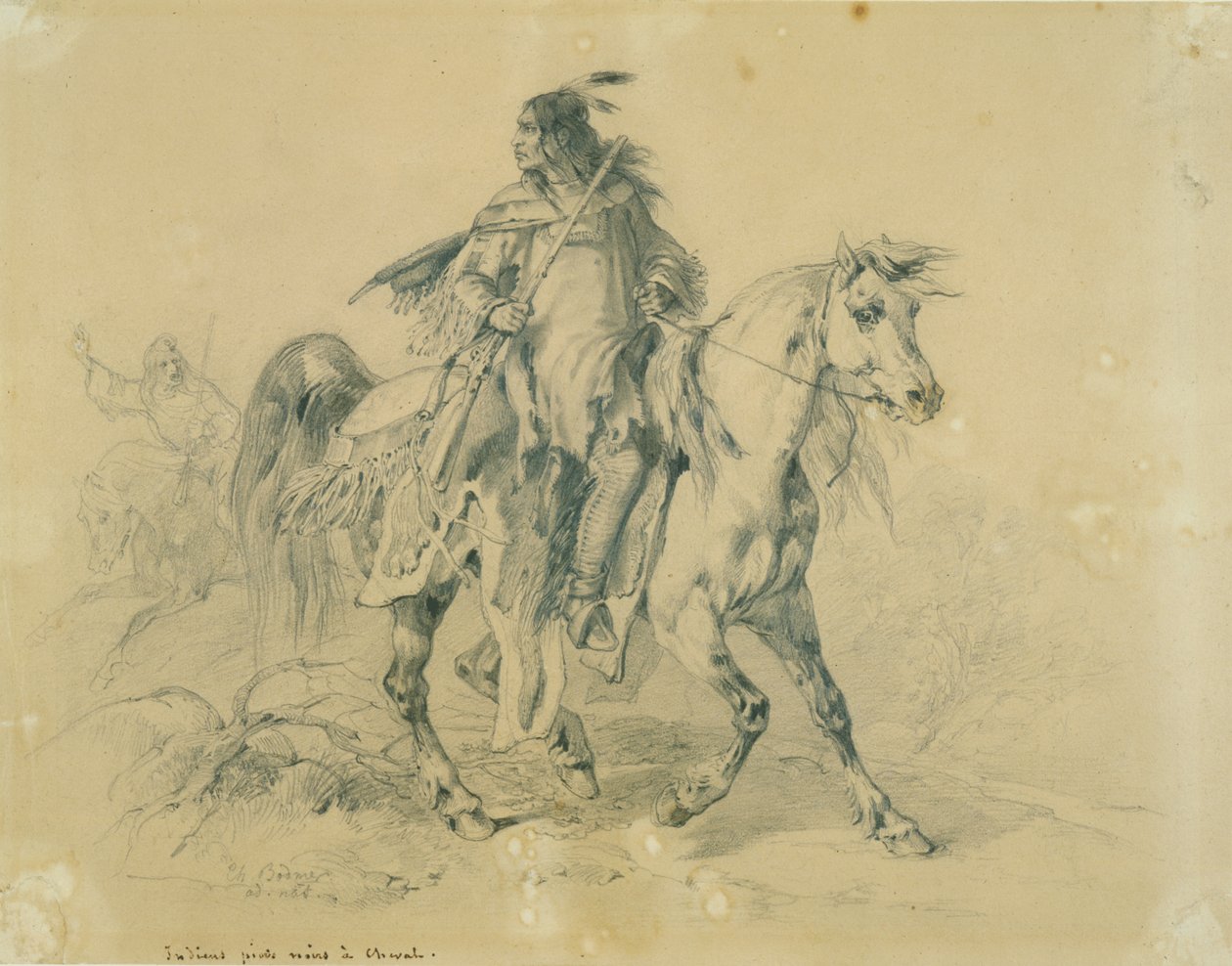 Blackfeet-kriger til hest, ca. 1833-43 (blyant, pen og wc på papir) af Karl Bodmer