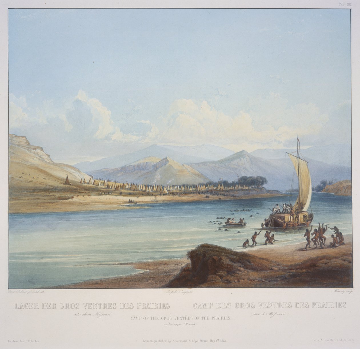 Camp of the Gros Ventres of the Prairies on the Upper Missouri, graveret af S. Himely, udgivet i 1841 (akvatint) af Karl Bodmer