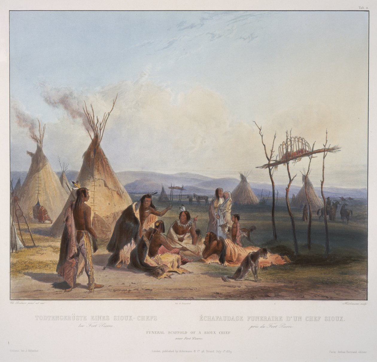 Begravelsesstillads af en sioux-høvding nær Fort Pierre, indgraveret af J. Hurliman, udgivet i 1839 (akvatinte) af Karl Bodmer