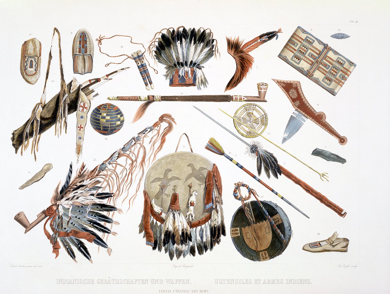 Indianske redskaber og våben, plade 48 fra bind 2 af "Travels in the Interior of North America", graveret af Du Casse, 1844 (akvatint) af Karl Bodmer