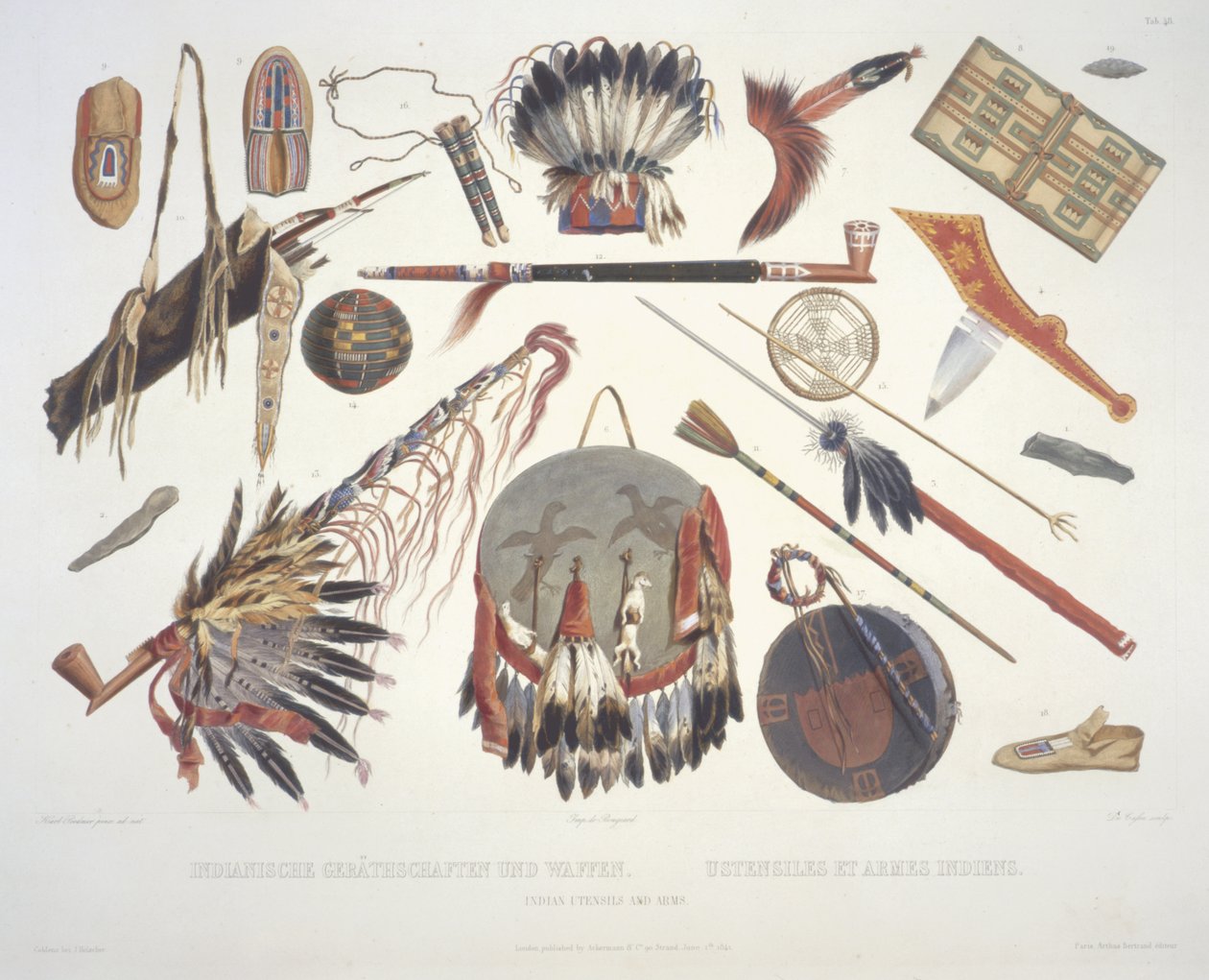 Indiske redskaber og våben, graveret af Du Casse, udgivet i 1841 (akvatinte) af Karl Bodmer