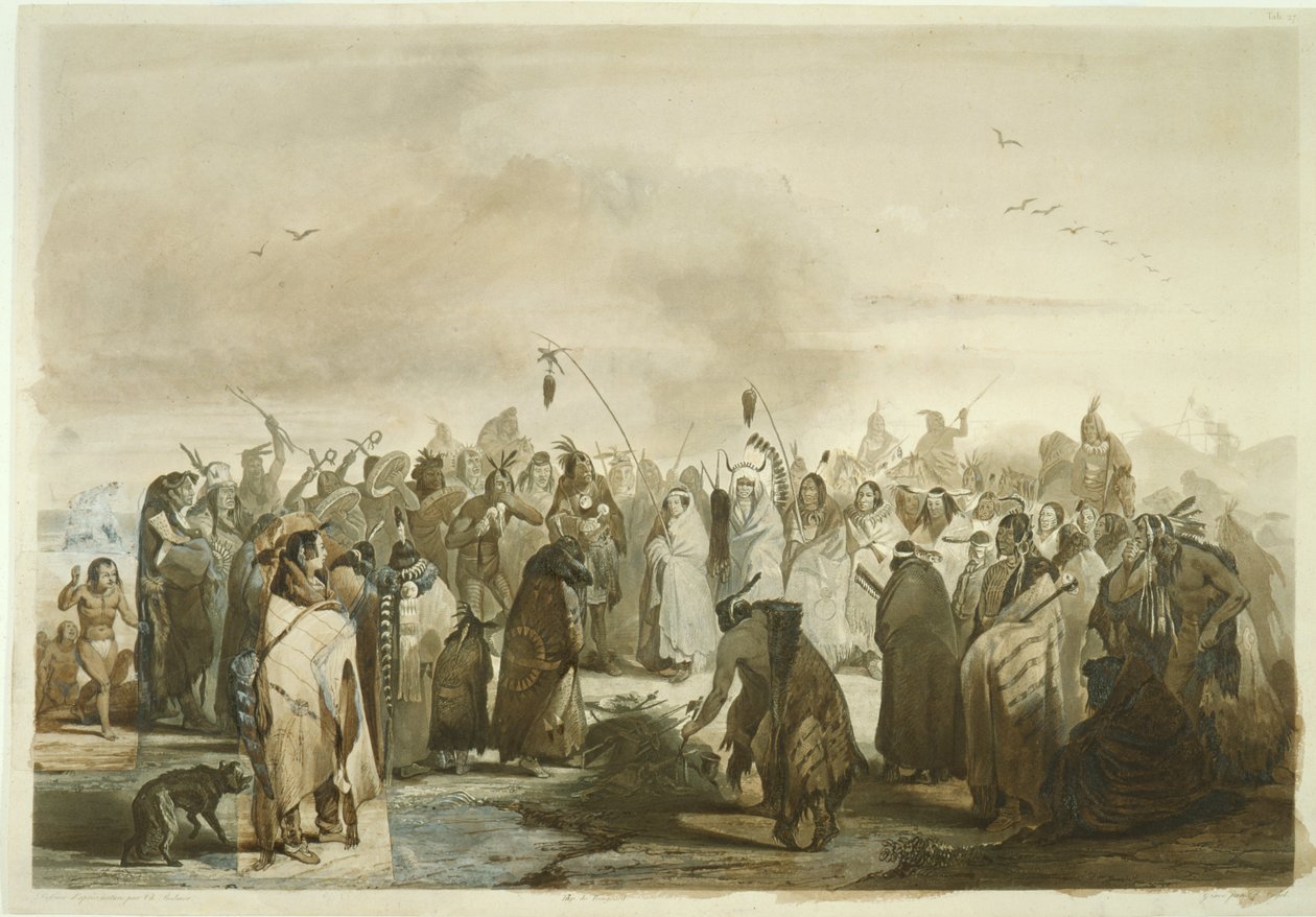 Hovedbundsdans fra Minatarres, ca. 1833-43 (blyant, pen og wc på papir) af Karl Bodmer