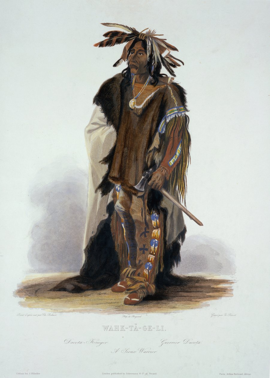 Wahk-Ta-Ge-Li, en Sioux-kriger, planche 8 fra bind 2 af "Travels in the Interior of North America", graveret af Z. Prevost, 1844 (akvatint) af Karl Bodmer