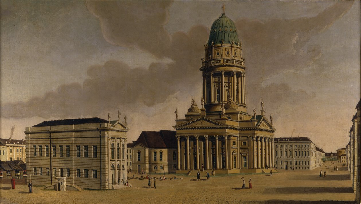 Gendarmenmarkt med det franske skuespilhus og katedral, Berlin, 1788 af Karl Friedrich Fechhelm