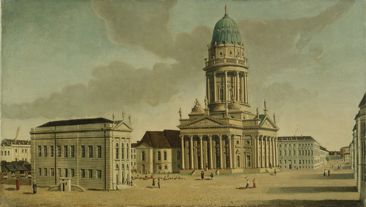 Udsigt over Gendarmenmarkt med det franske legehus og katedral, Berlin, 1788 af Karl Friedrich Fechhelm