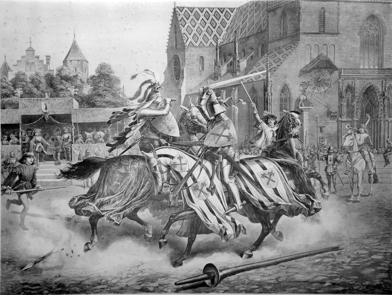 Turneringen i Basel mellem Heinrich von Ramstein og spanieren Don Merlo december 1428. Forlag af Emil Birhäuser, Basel af Karl Jauslin