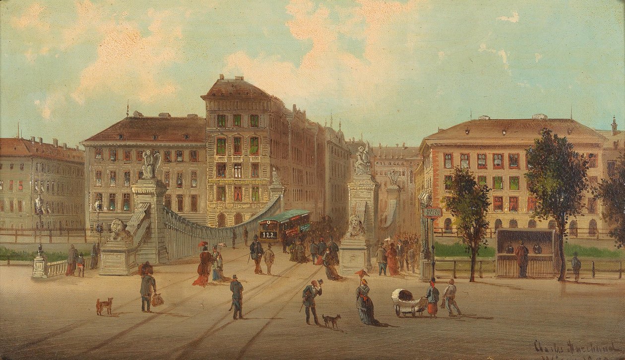 Aspernbrucke i WiennTysk: Livlig gadescene med sporvogne i Wien, 1878. Udsigt over vejbanen til Aspernbrucke til venstre bred af Donau -kanalen, til husene i Untere Donaustrasse og ind i Asperngasse i dag Aspernbruckengasse. link af Karl Kaufmann