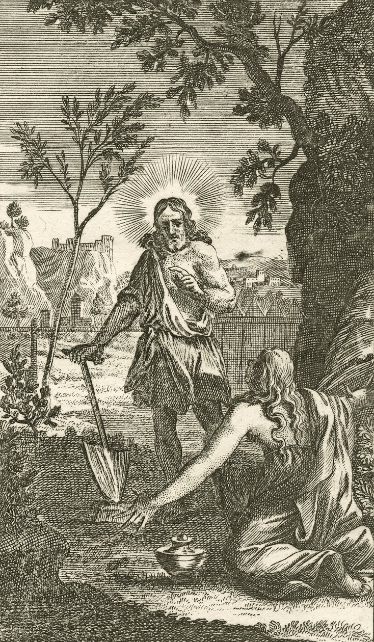 Jesus viser sig som gartner for Maria Magdalena, fra en tysk andagt, 1709 (kobberpladegravering) af Karl Remshard